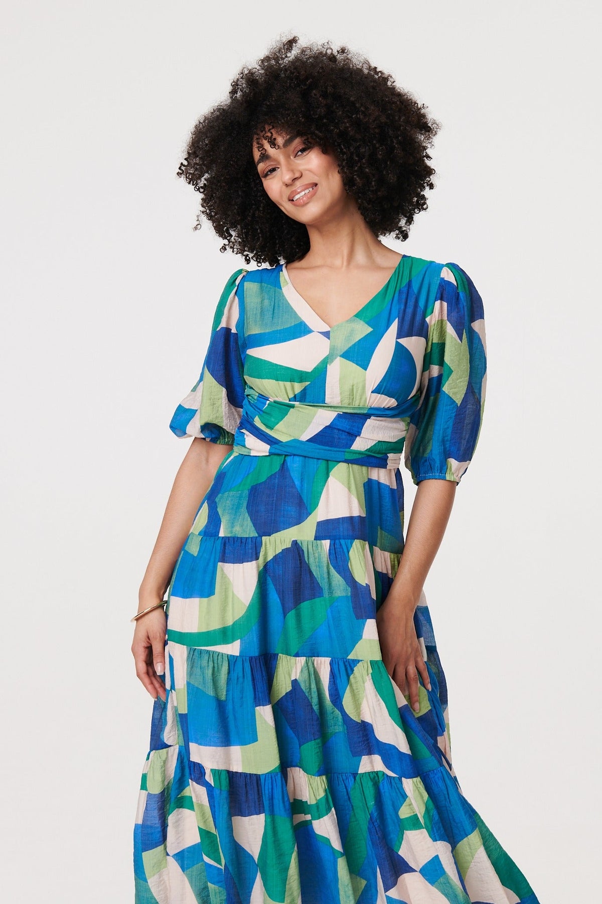 Abstract Ruched 1/2 Sleeve Midi Dress Styled View