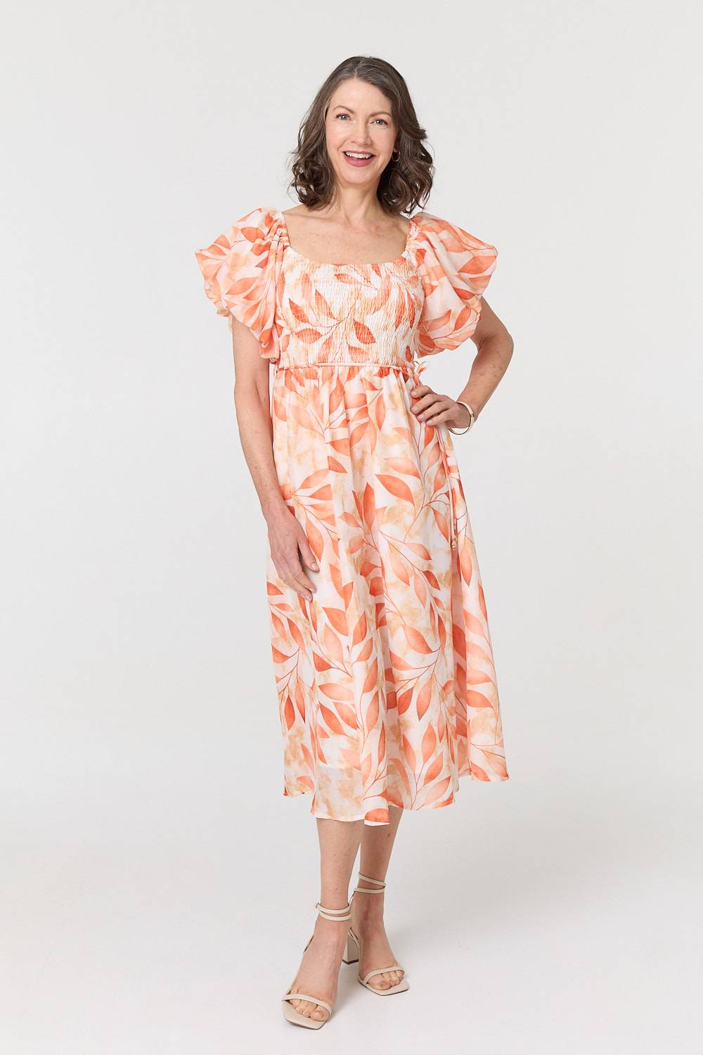 Leaf Print Short Puff Sleeve Midi Dress Side View