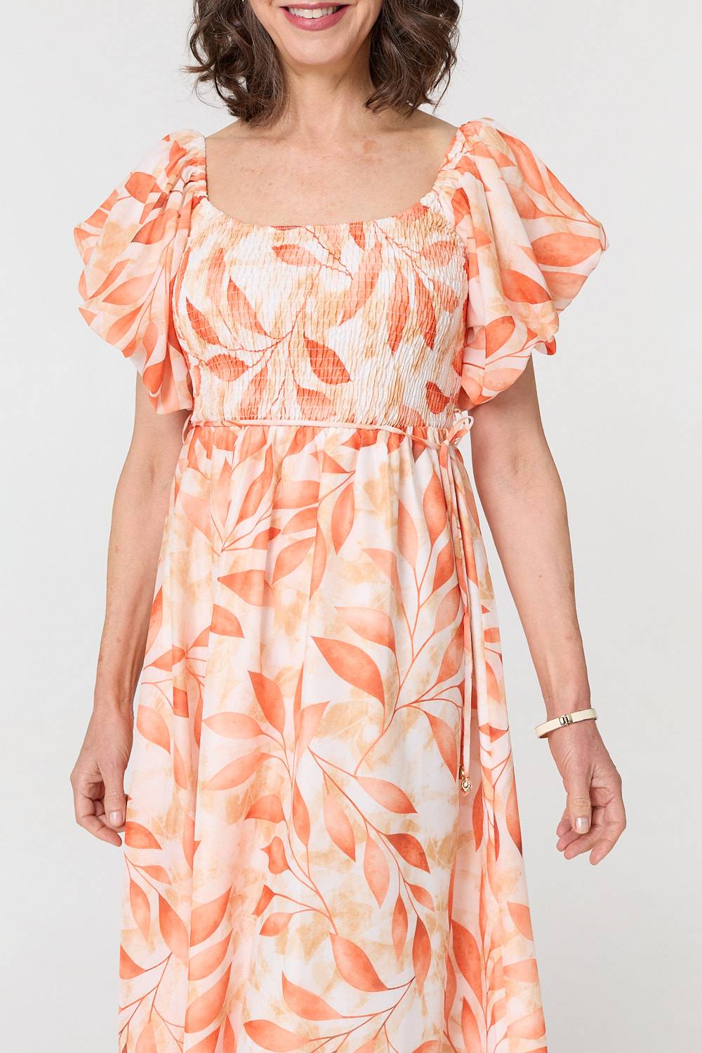 Leaf Print Short Puff Sleeve Midi Dress Side View 2