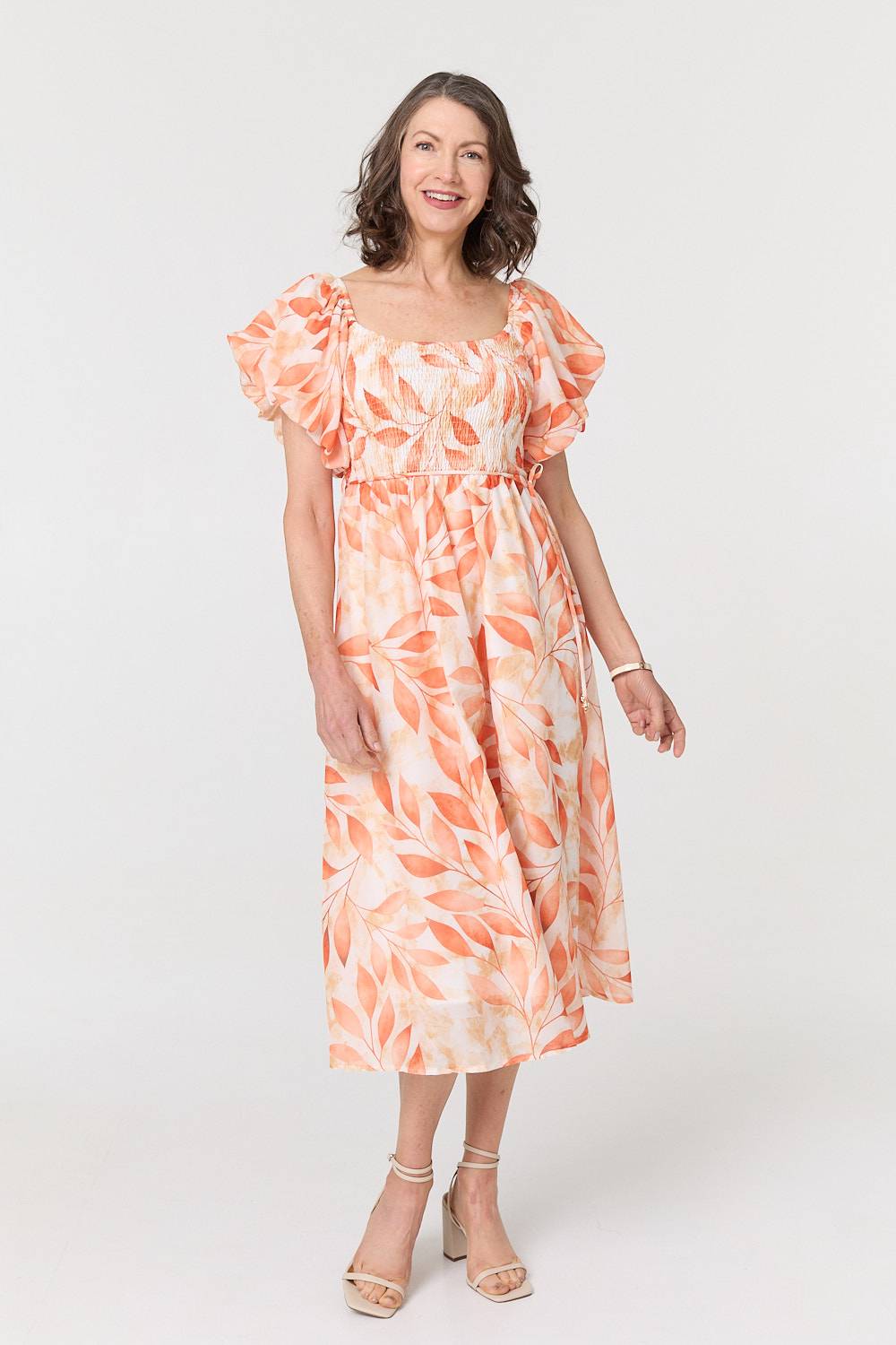 Leaf Print Short Puff Sleeve Midi Dress Detail View 2