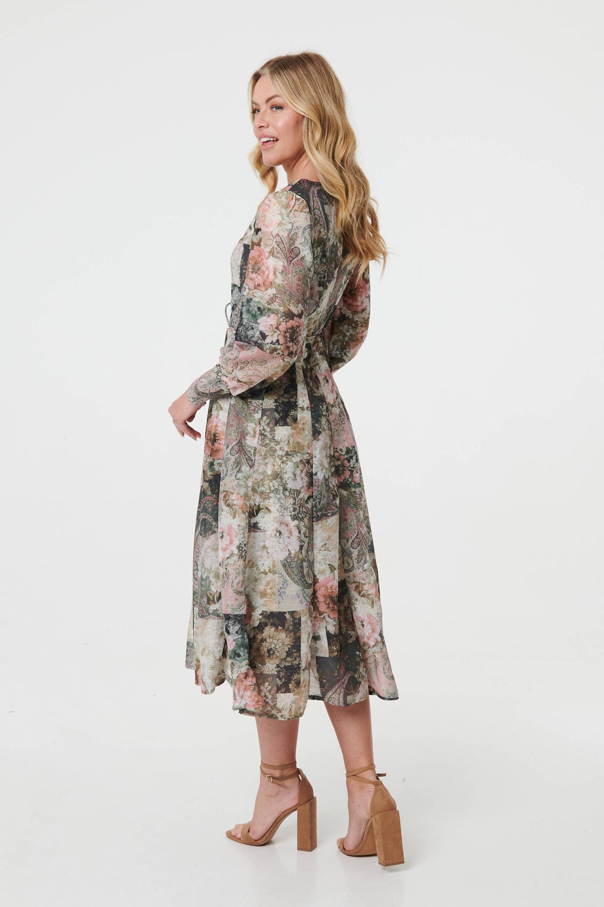 Patchwork Print Tie Waist Midi Dress Detail View