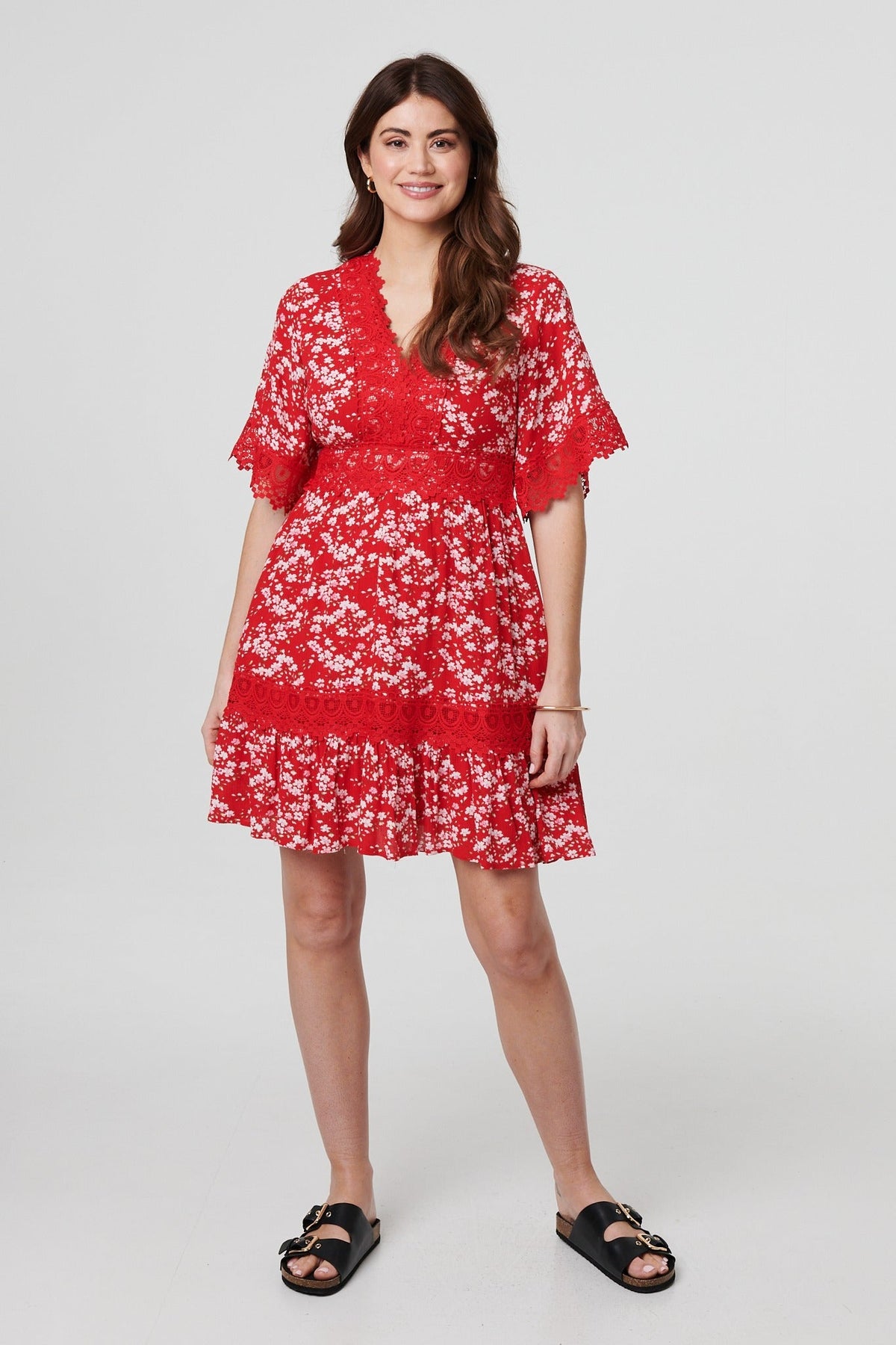 Floral Lace Trim 1/2 Sleeve Mini Dress Detail View 2