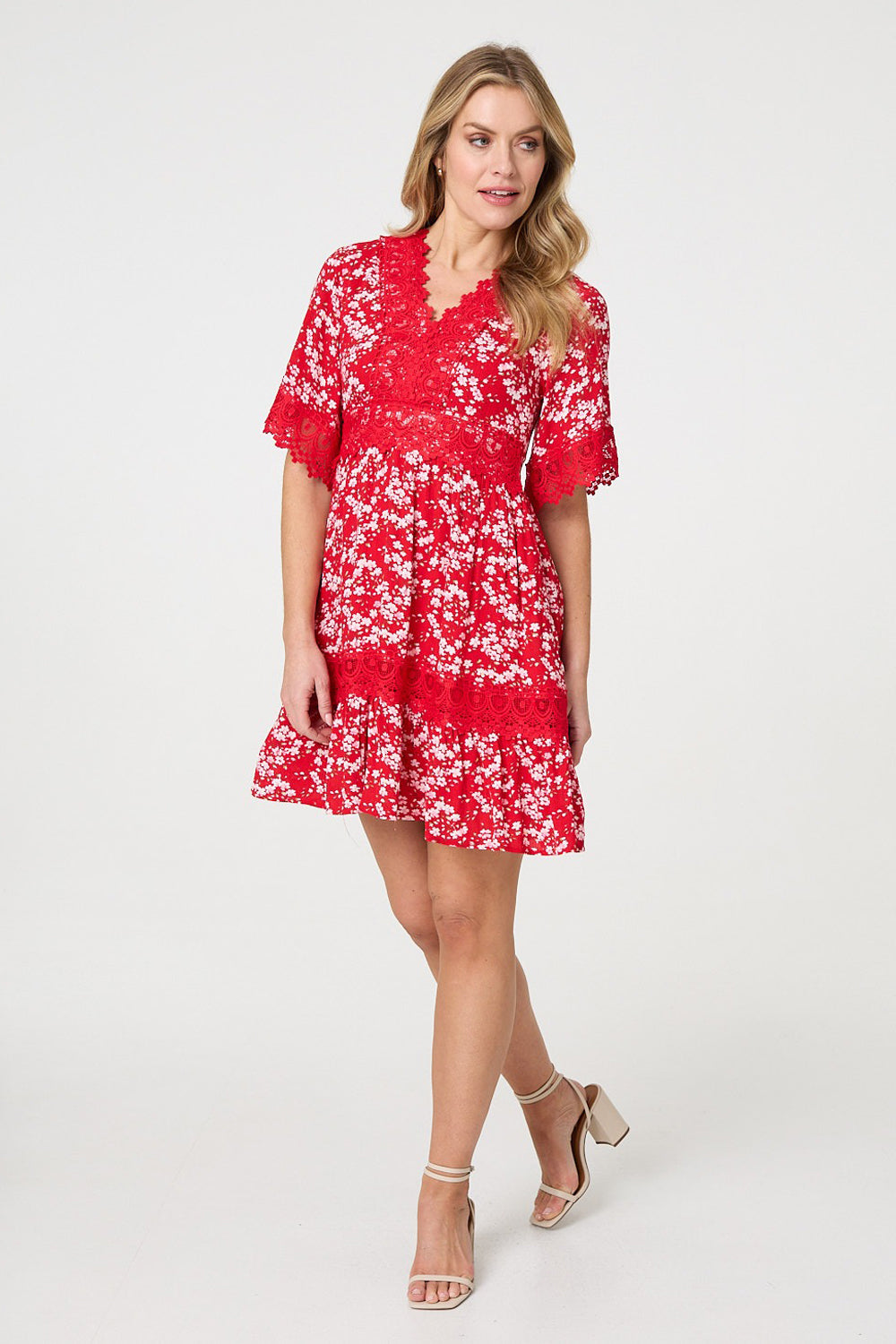 Floral Lace Trim 1/2 Sleeve Mini Dress Side View