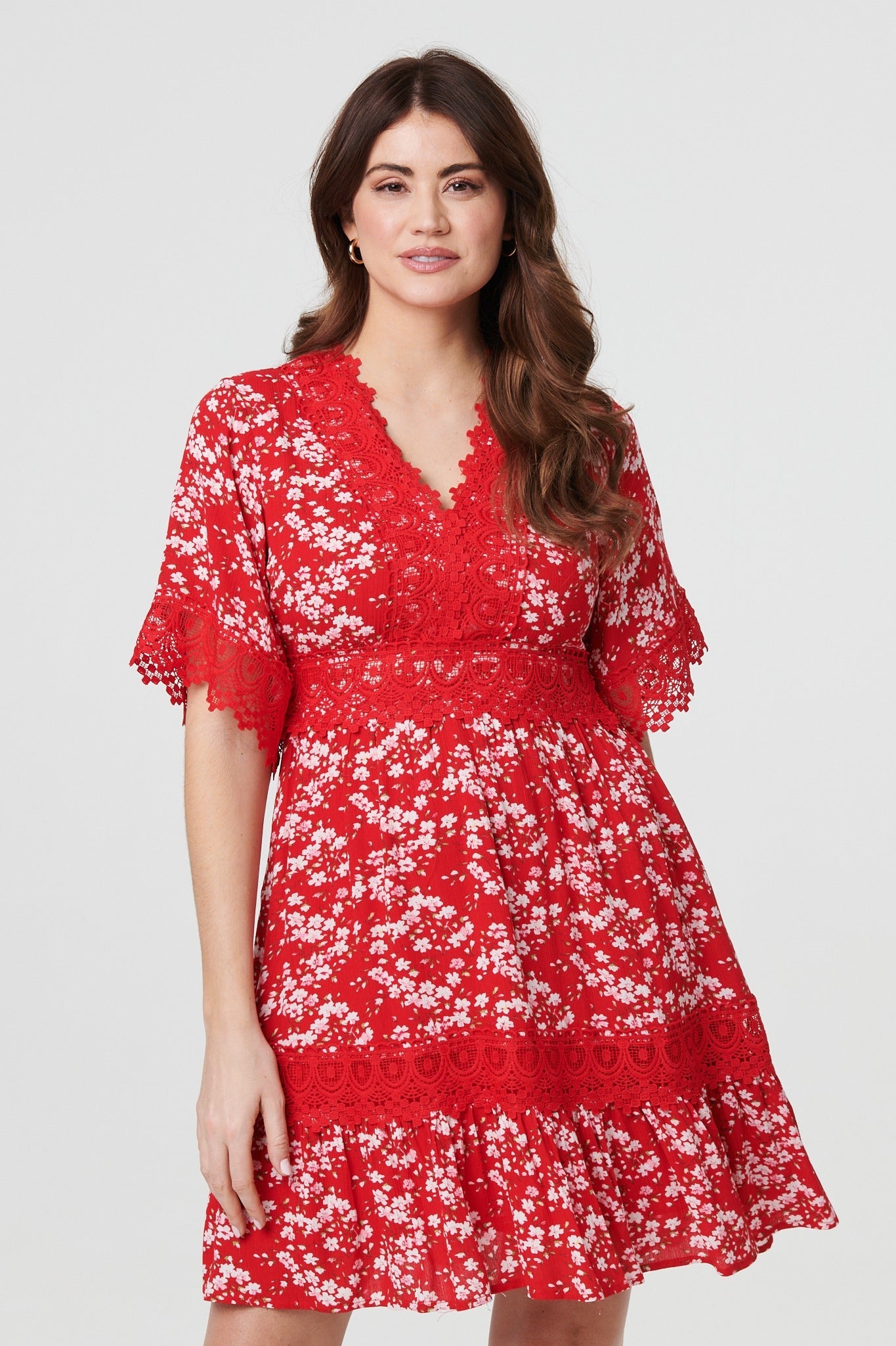 Floral Lace Trim 1/2 Sleeve Mini Dress Side View 2
