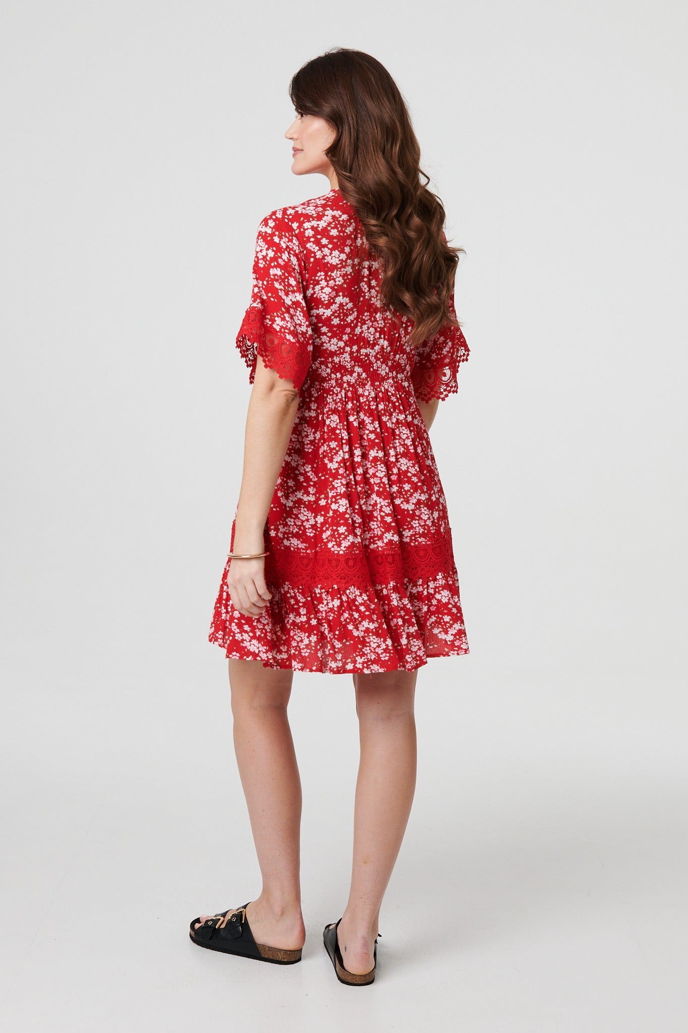 Floral Lace Trim 1/2 Sleeve Mini Dress Front View 2