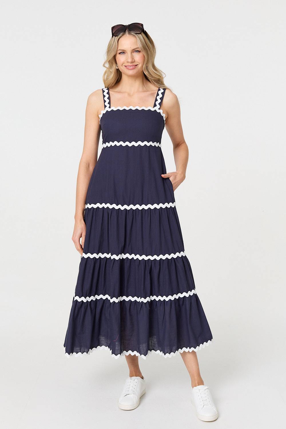 Zig Zag Trim Sleeveless Tiered Midi Dress Front View