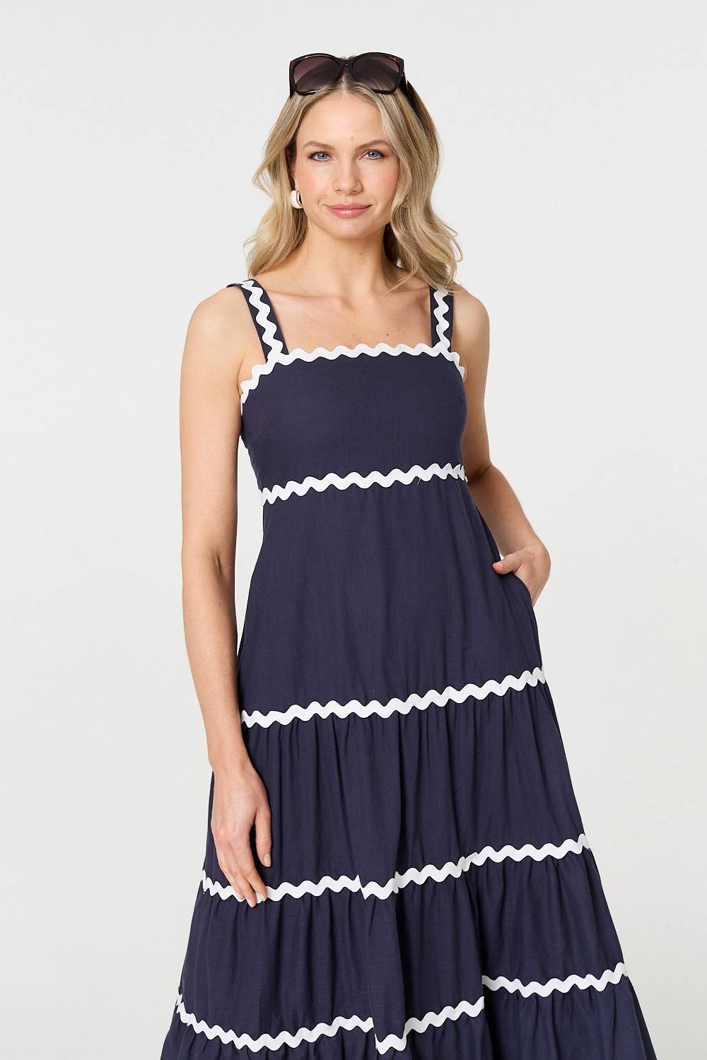 Zig Zag Trim Sleeveless Tiered Midi Dress Full Length View