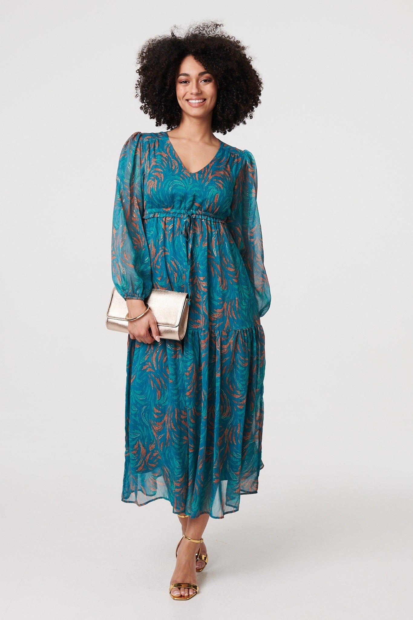 Leaf Print Sheer Tie Waist Maxi Dress Full Length View