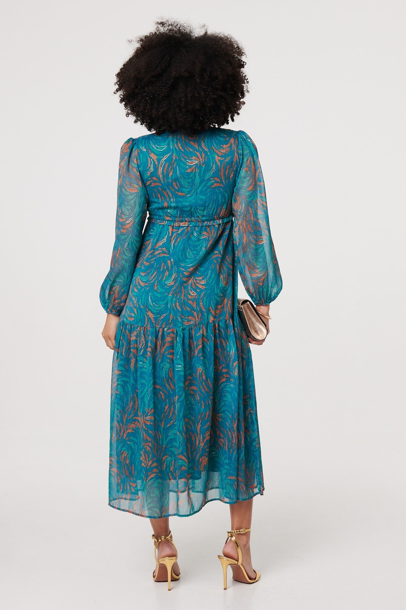 Leaf Print Sheer Tie Waist Maxi Dress Side View