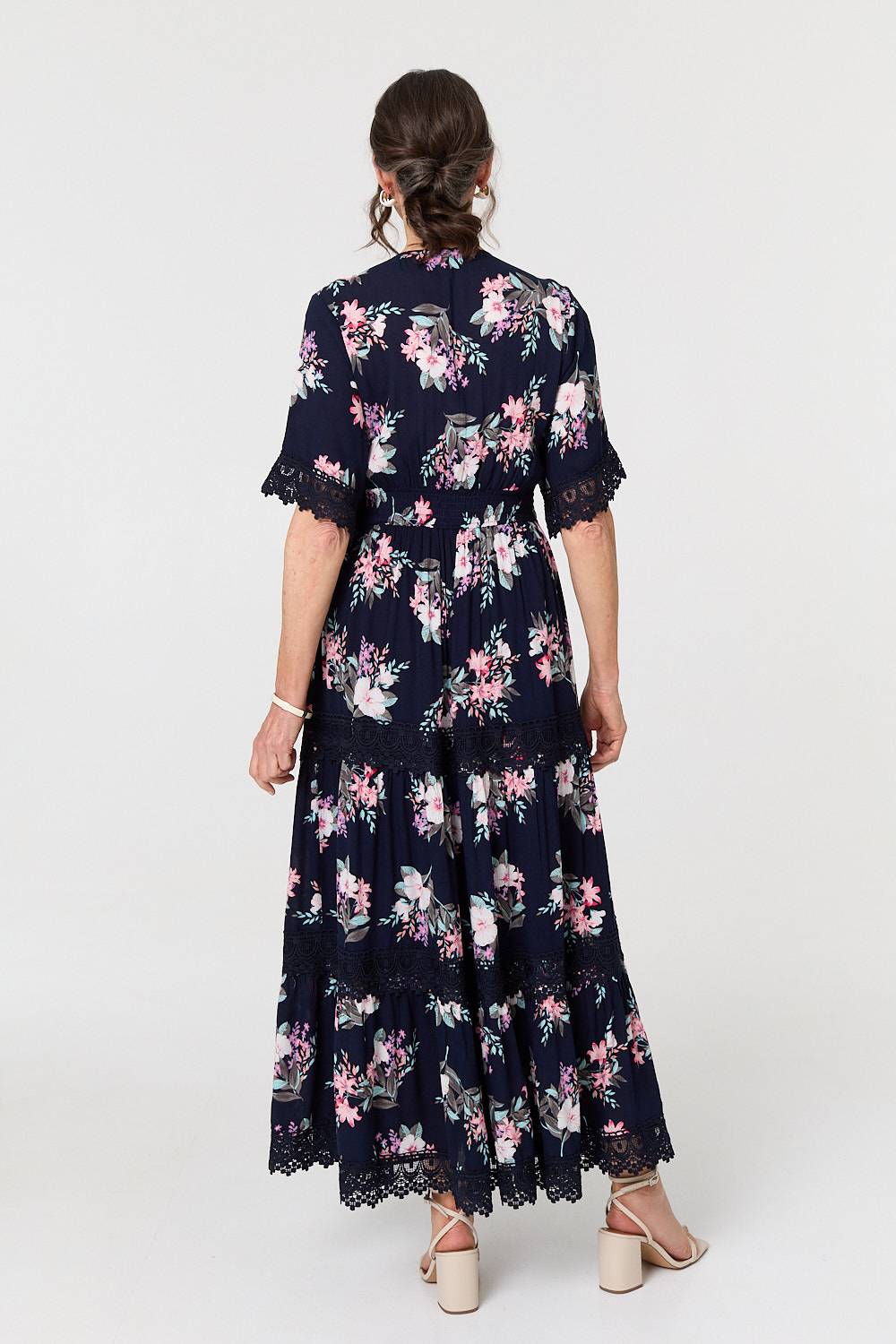 Floral Lace Tiered 3/4 Sleeve Maxi Dress Side View