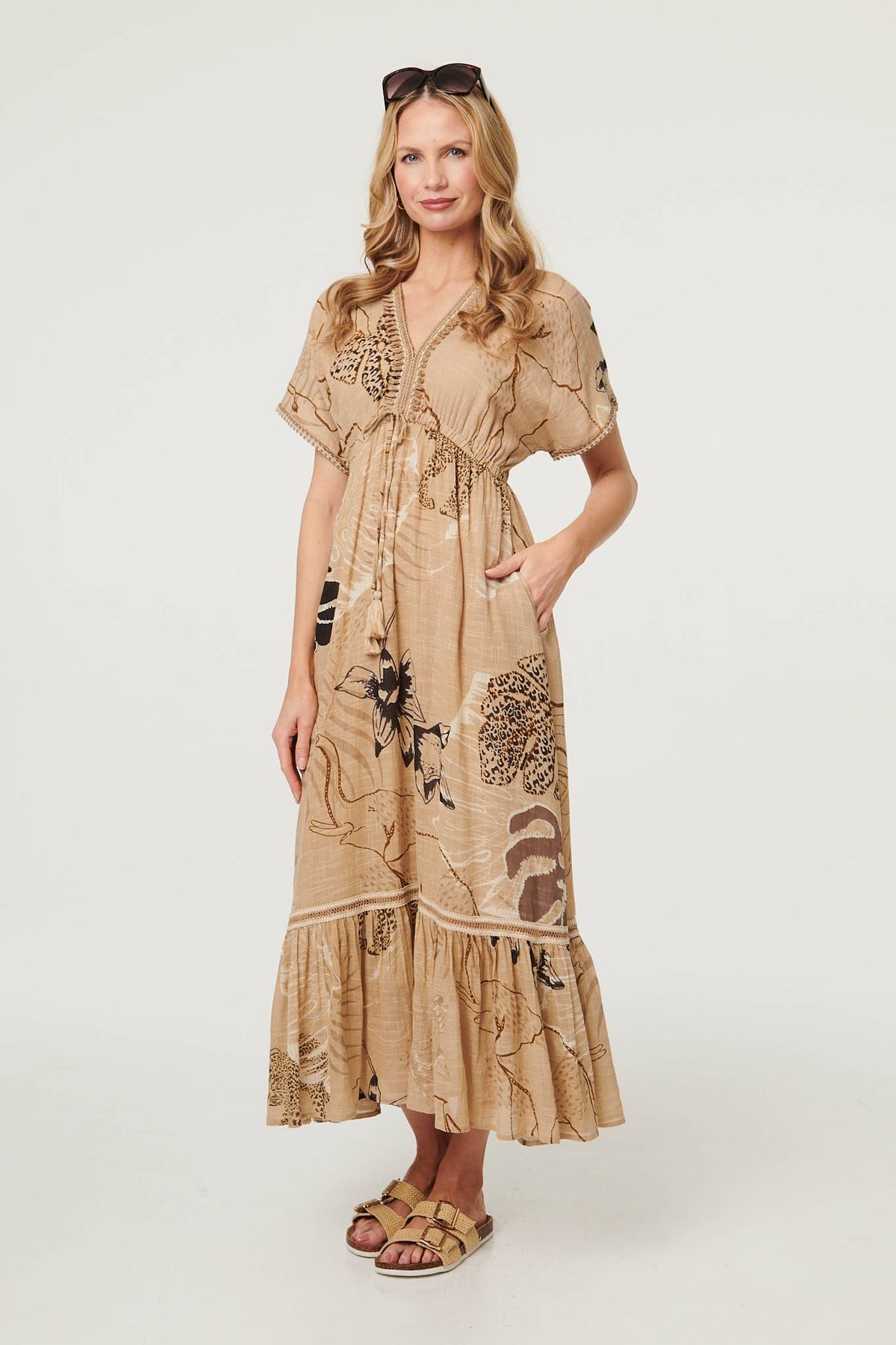 Printed Short Sleeve Empire Maxi Dress Front View
