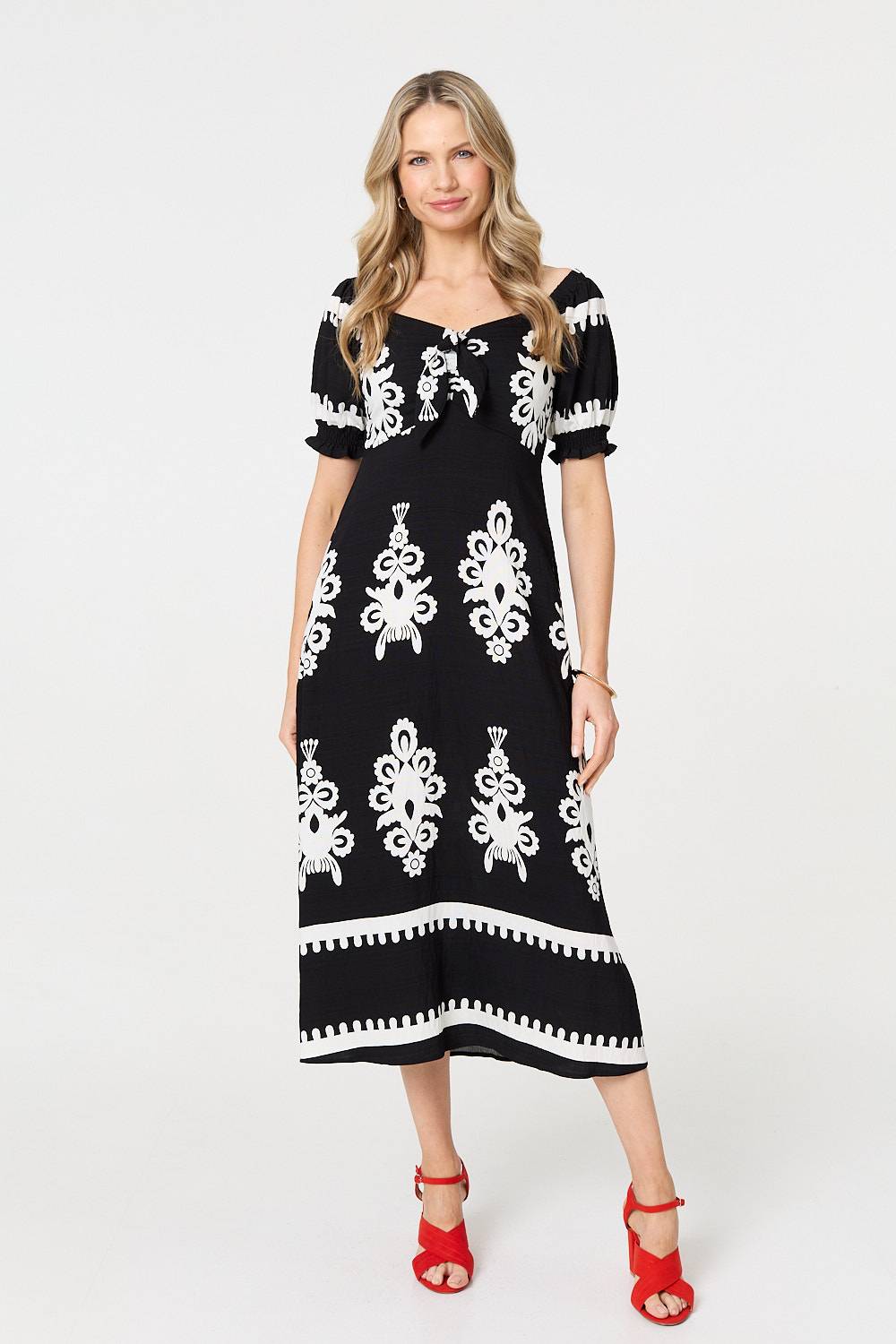 Printed Puff Sleeve Tie Front Midi Dress Back View