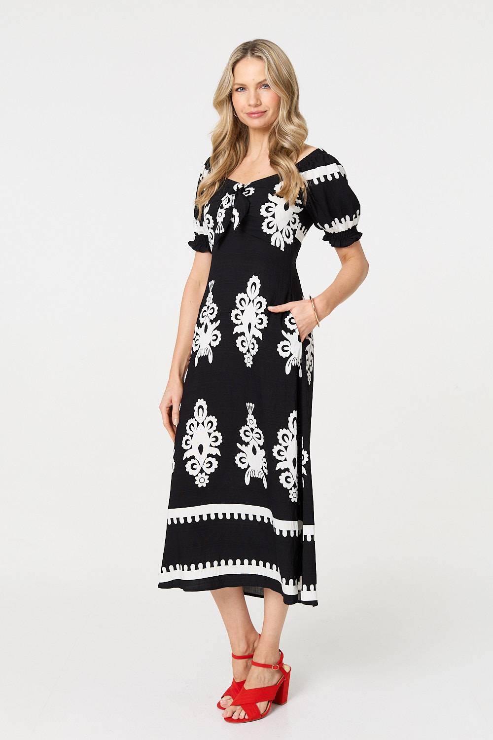 Printed Puff Sleeve Tie Front Midi Dress Full Length View 2