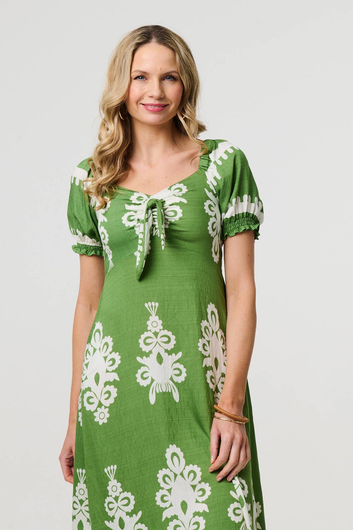 Printed Puff Sleeve Tie Front Midi Dress Front View 2