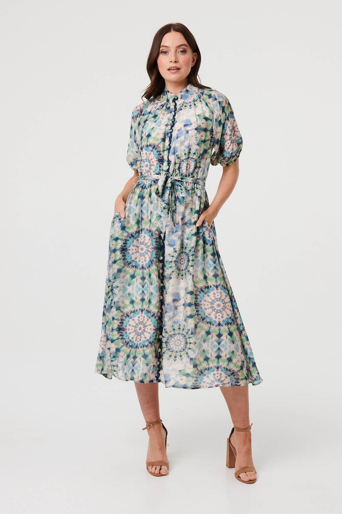 Abstract Tie Waist 1/2 Sleeve Midi Dress Side View