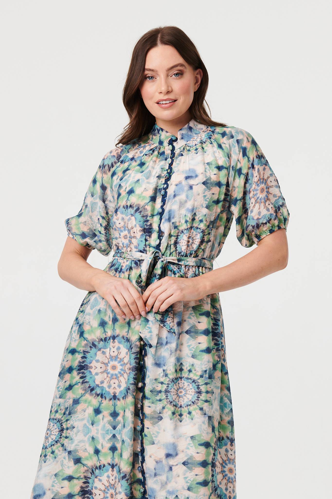 Abstract Tie Waist 1/2 Sleeve Midi Dress Back View