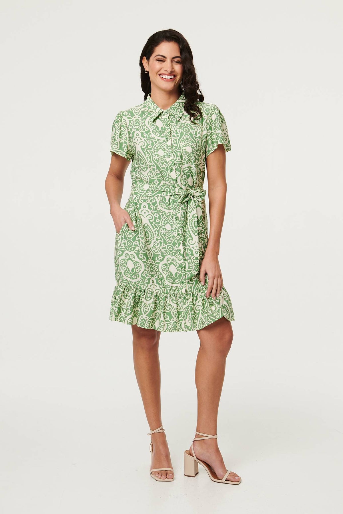 Printed Short Sleeve Tie Short Dress Detail View