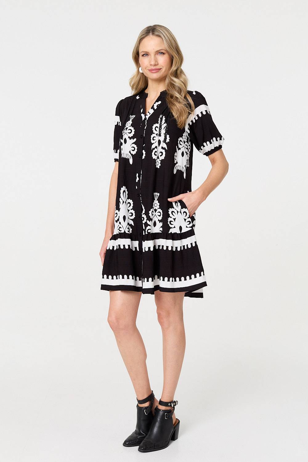 Printed Lace Trim Relaxed Short Shirt Dress Full Length View 2
