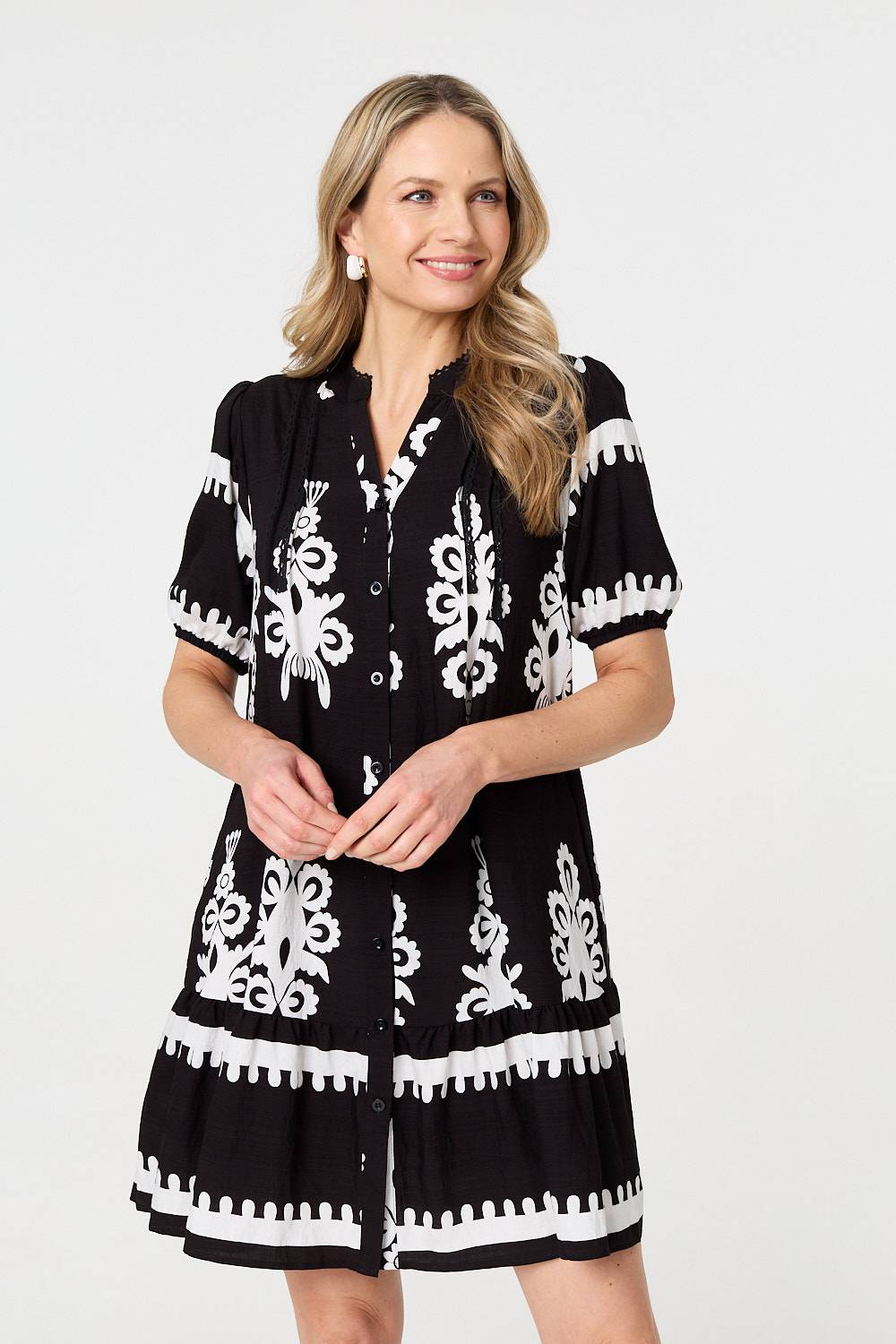 Printed Lace Trim Relaxed Short Shirt Dress Front View
