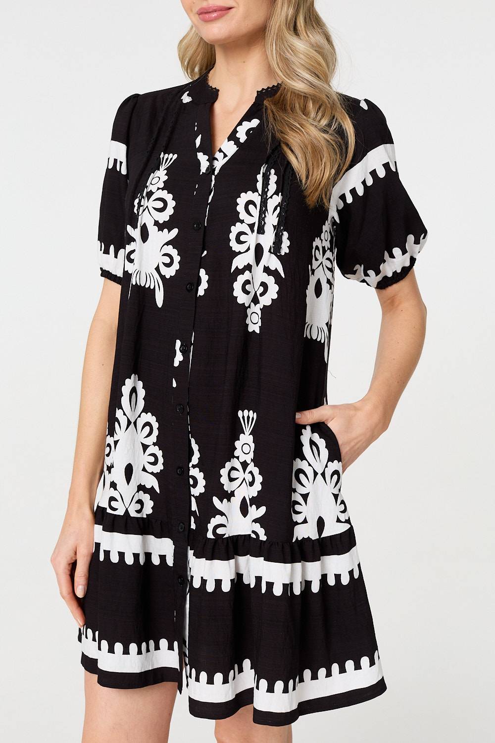 Printed Lace Trim Relaxed Short Shirt Dress Side View