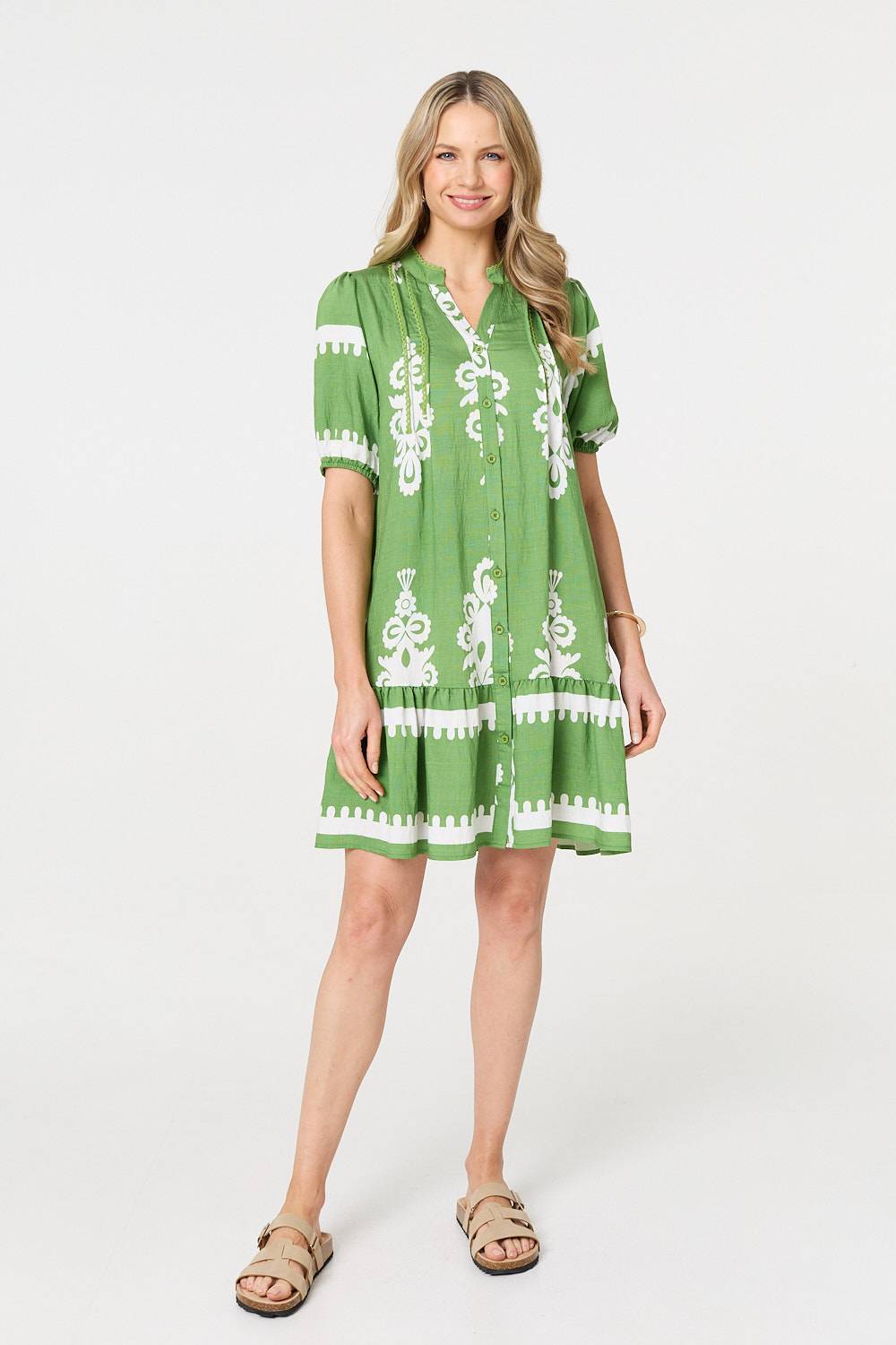 Printed Lace Trim Relaxed Short Shirt Dress Styled View
