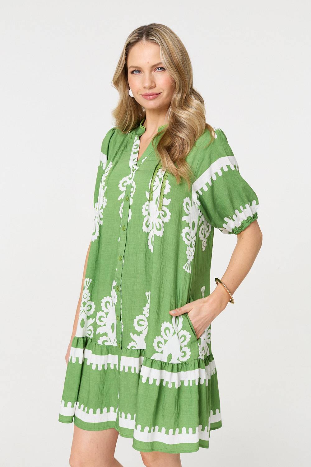 Printed Lace Trim Relaxed Short Shirt Dress Back View 3