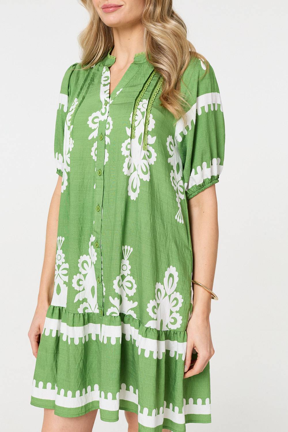 Printed Lace Trim Relaxed Short Shirt Dress Full Length View