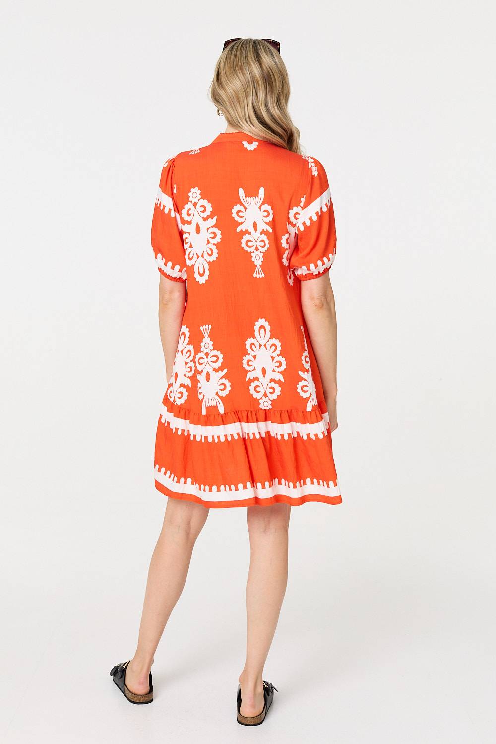 Printed Lace Trim Relaxed Short Shirt Dress Side View 2