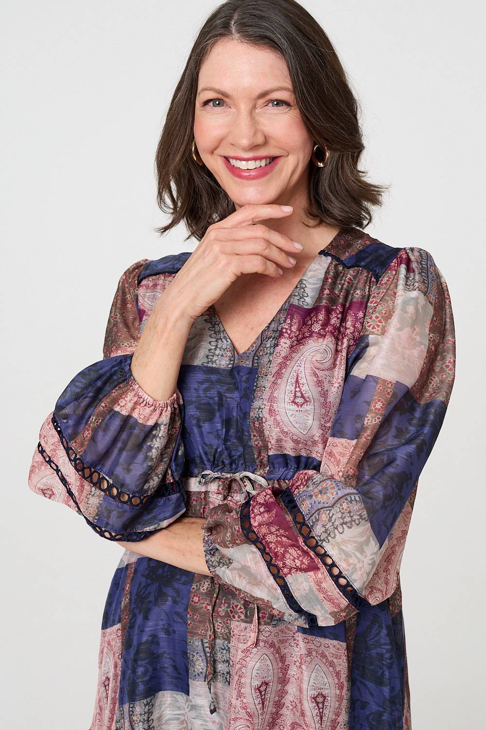 Patchwork Print Empire V-Neck Maxi Dress Styled View