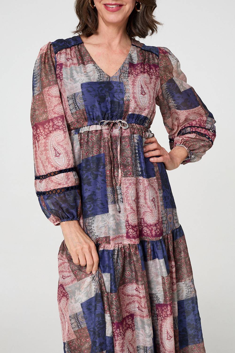 Patchwork Print Empire V-Neck Maxi Dress Detail View