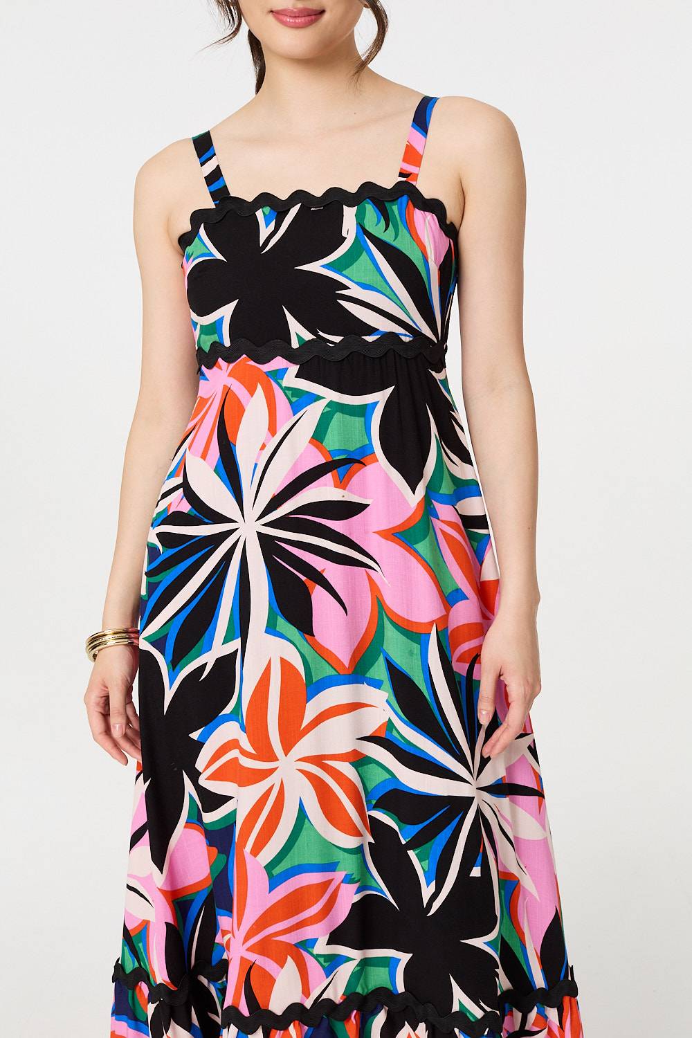 Floral Wave Trim Sleeveless Maxi Dress Full Length View