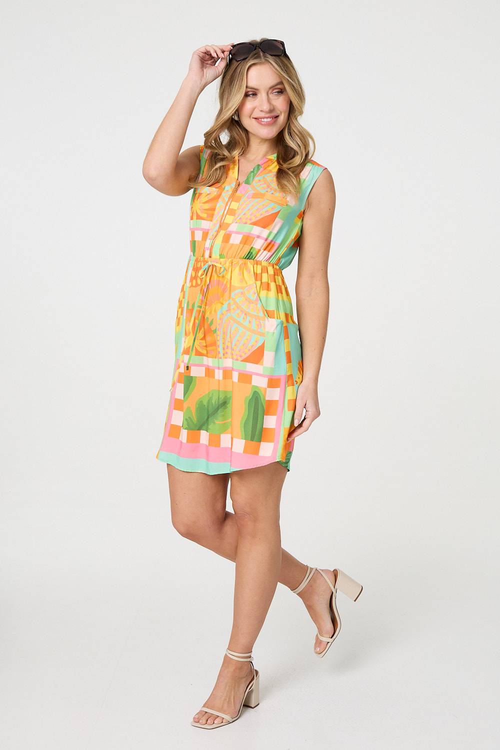 Patchwork Print Sleeveless Short Dress Full Length View