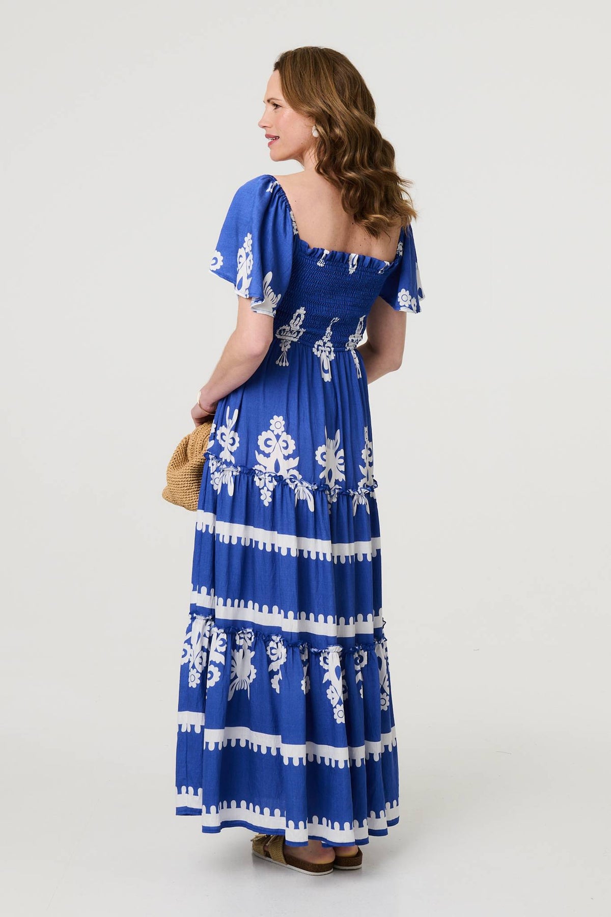 Ikat Print Short Angel Sleeve Maxi Dress Full Length View 2