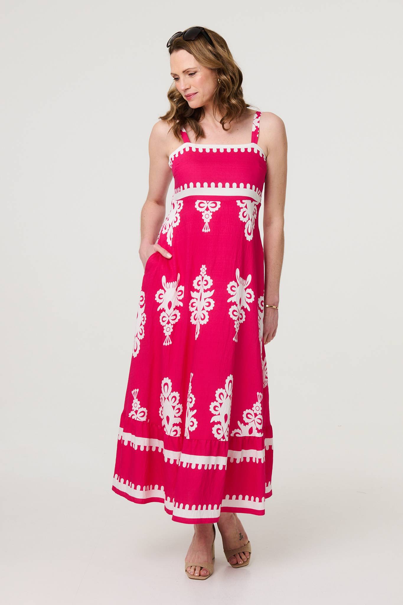Ikat Print Sleeveless A-Line Maxi Dress Front View 3