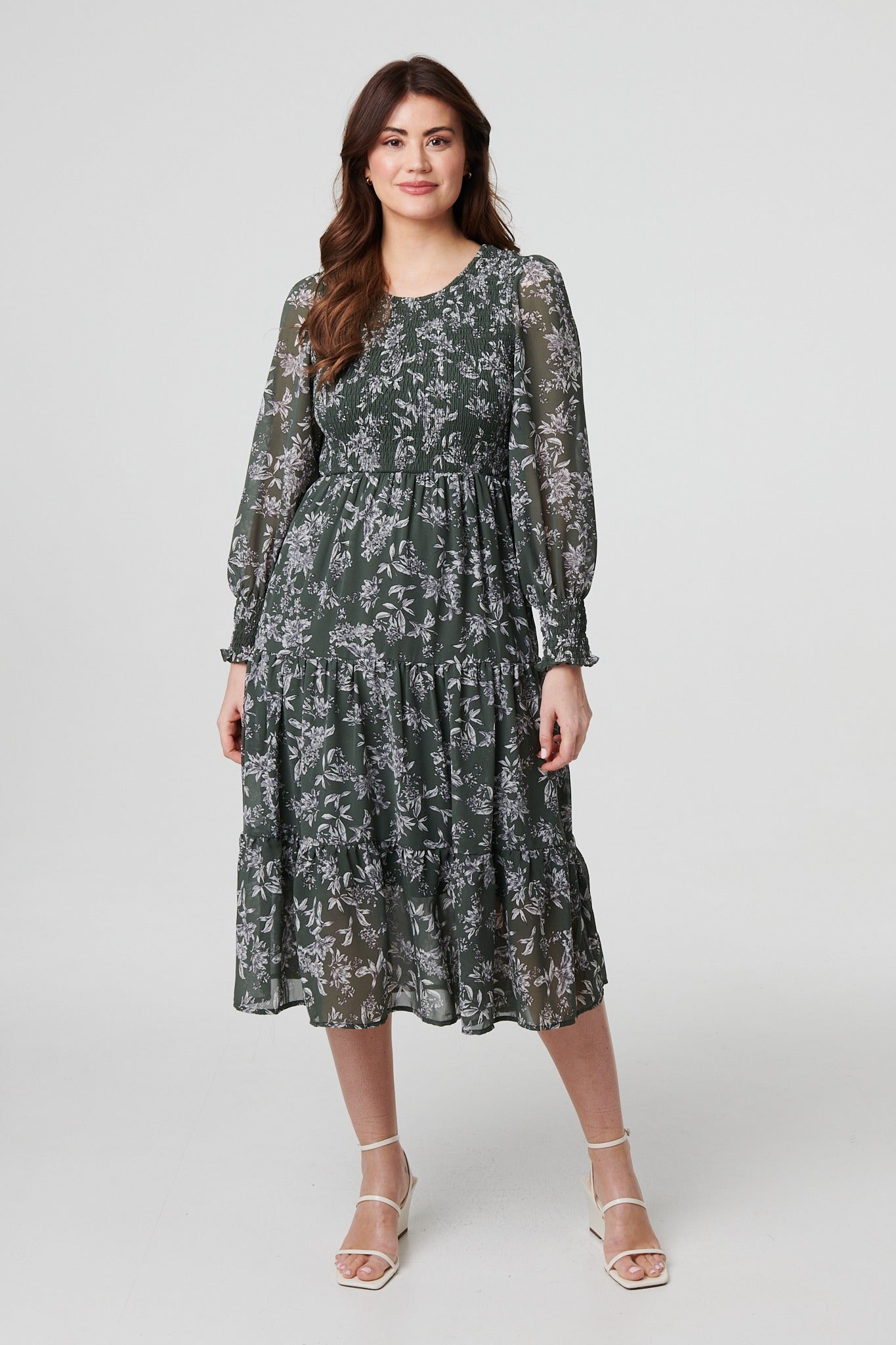 Floral Semi Sheer Smocked Midi Dress Front View