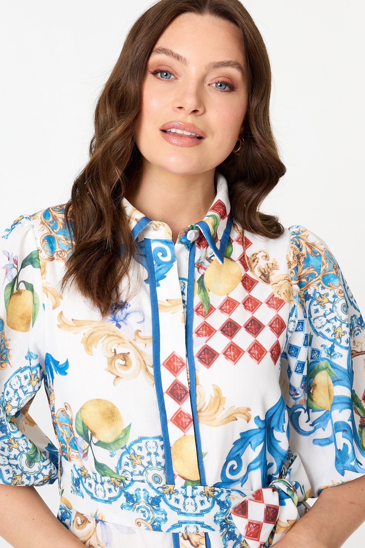 Printed 1/2 Puff Sleeve Shirt Midi Dress Detail View