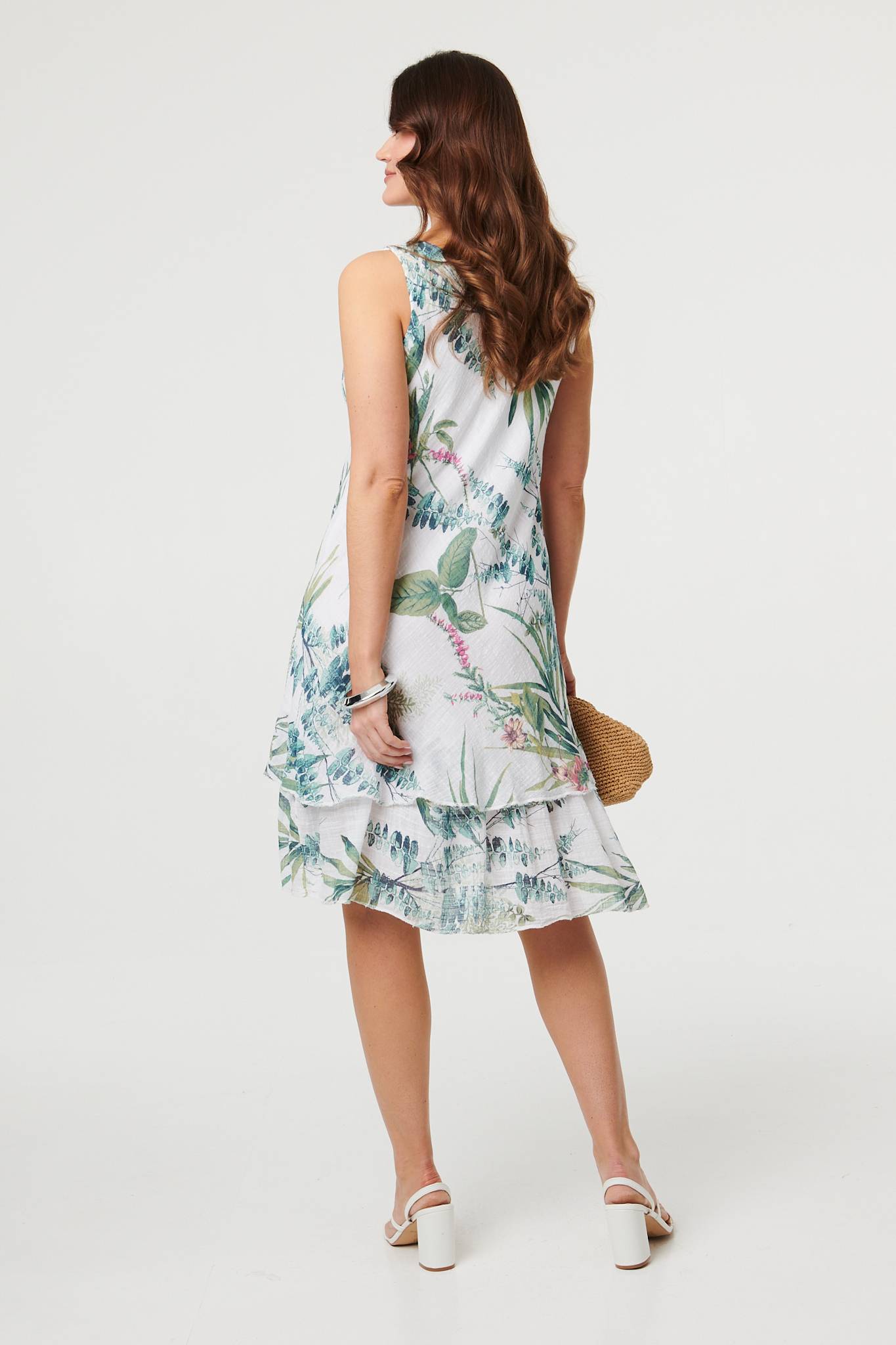Leaf Print Sleeveless Knee Length Dress Detail View