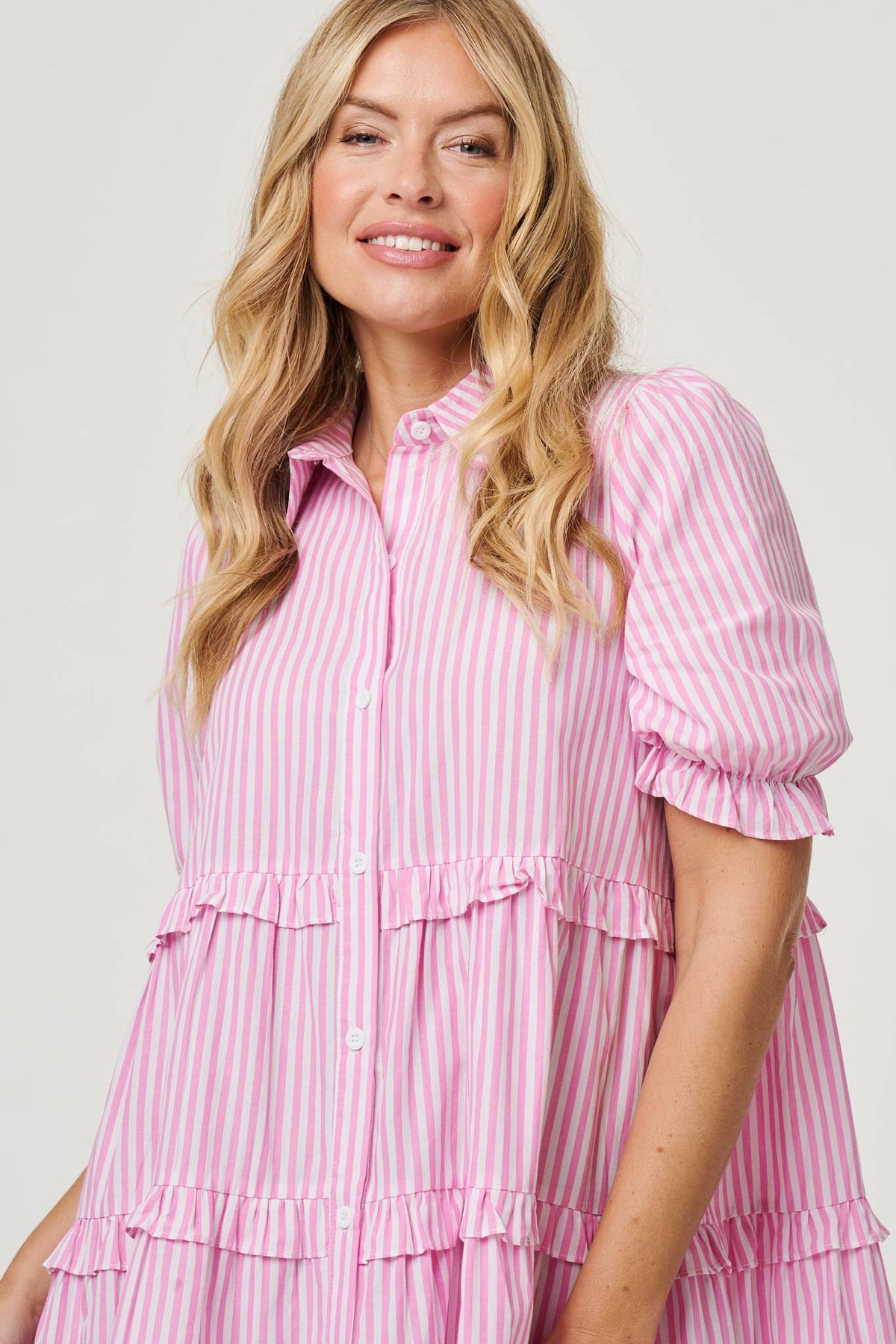 Striped 1/2 Sleeve Short Shirt Dress Front View 2