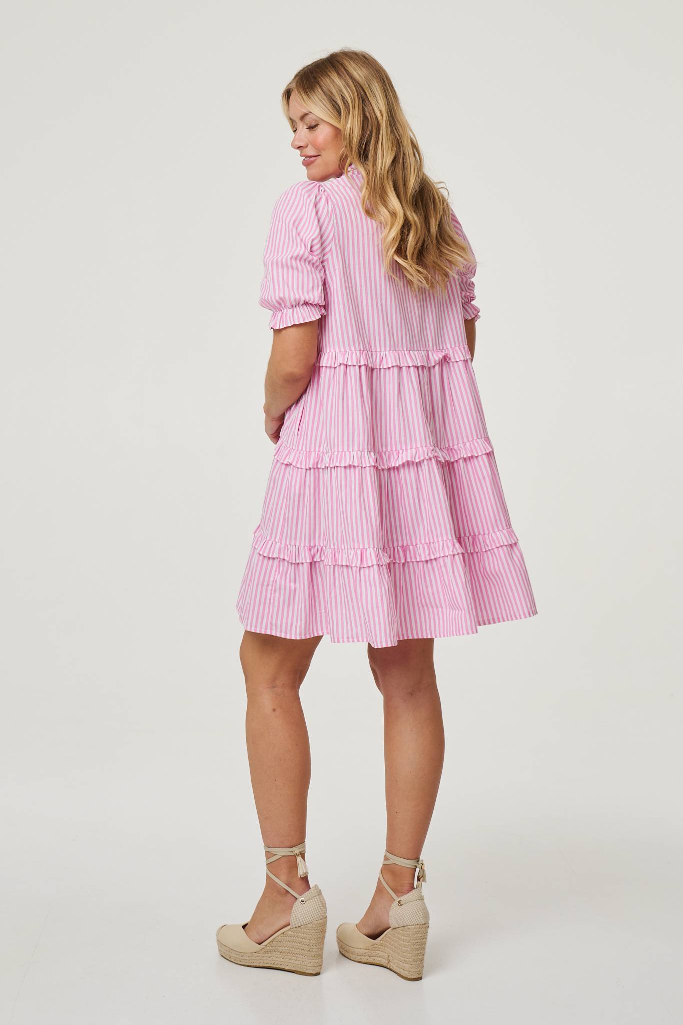 Striped 1/2 Sleeve Short Shirt Dress Full Length View
