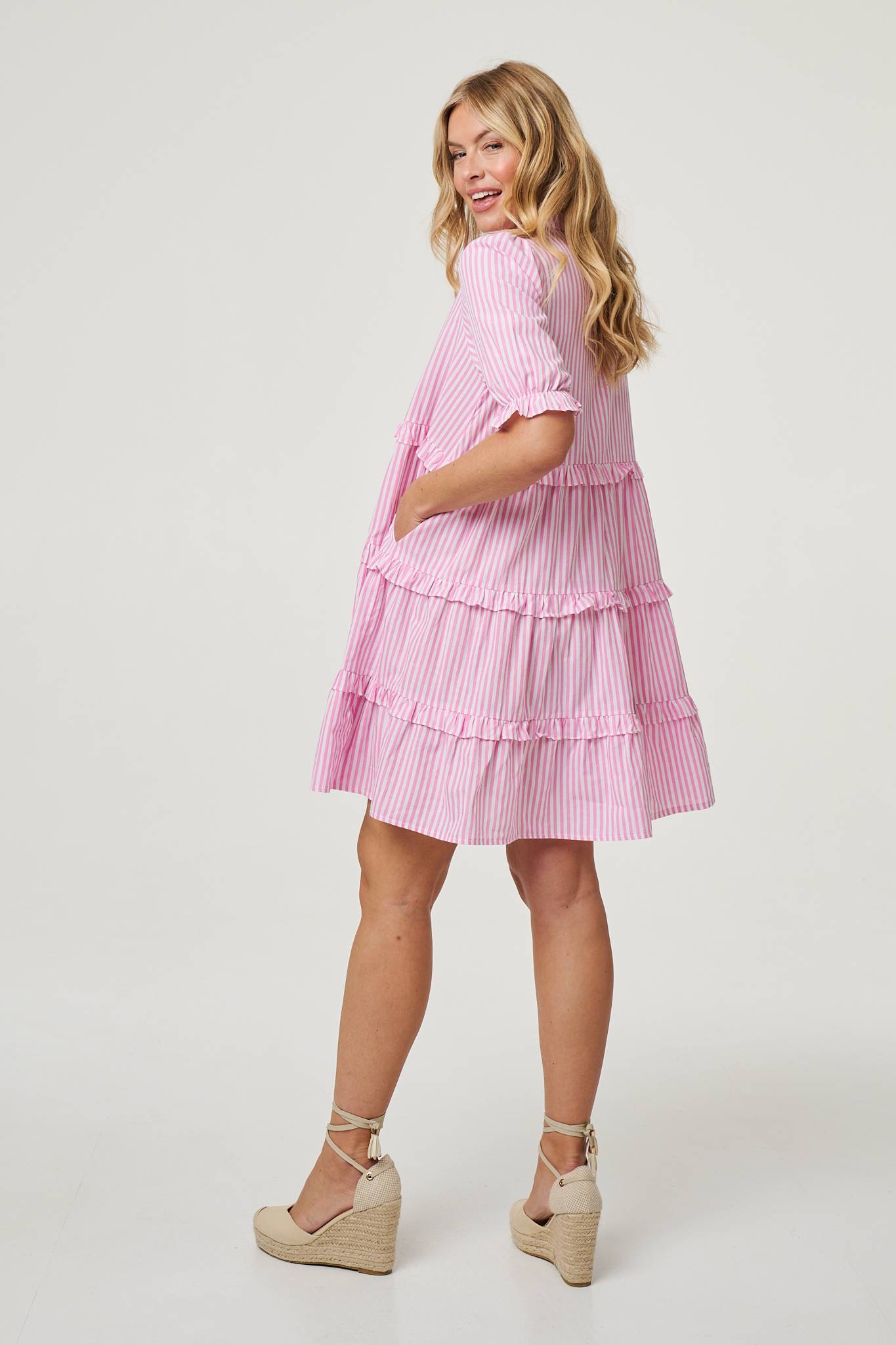 Striped 1/2 Sleeve Short Shirt Dress Detail View