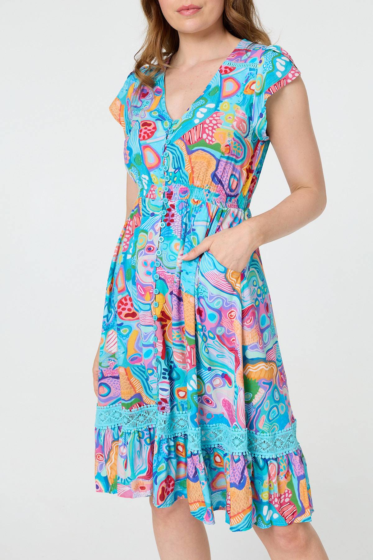 Abstract Shirred Lace Trim Midi Dress Detail View
