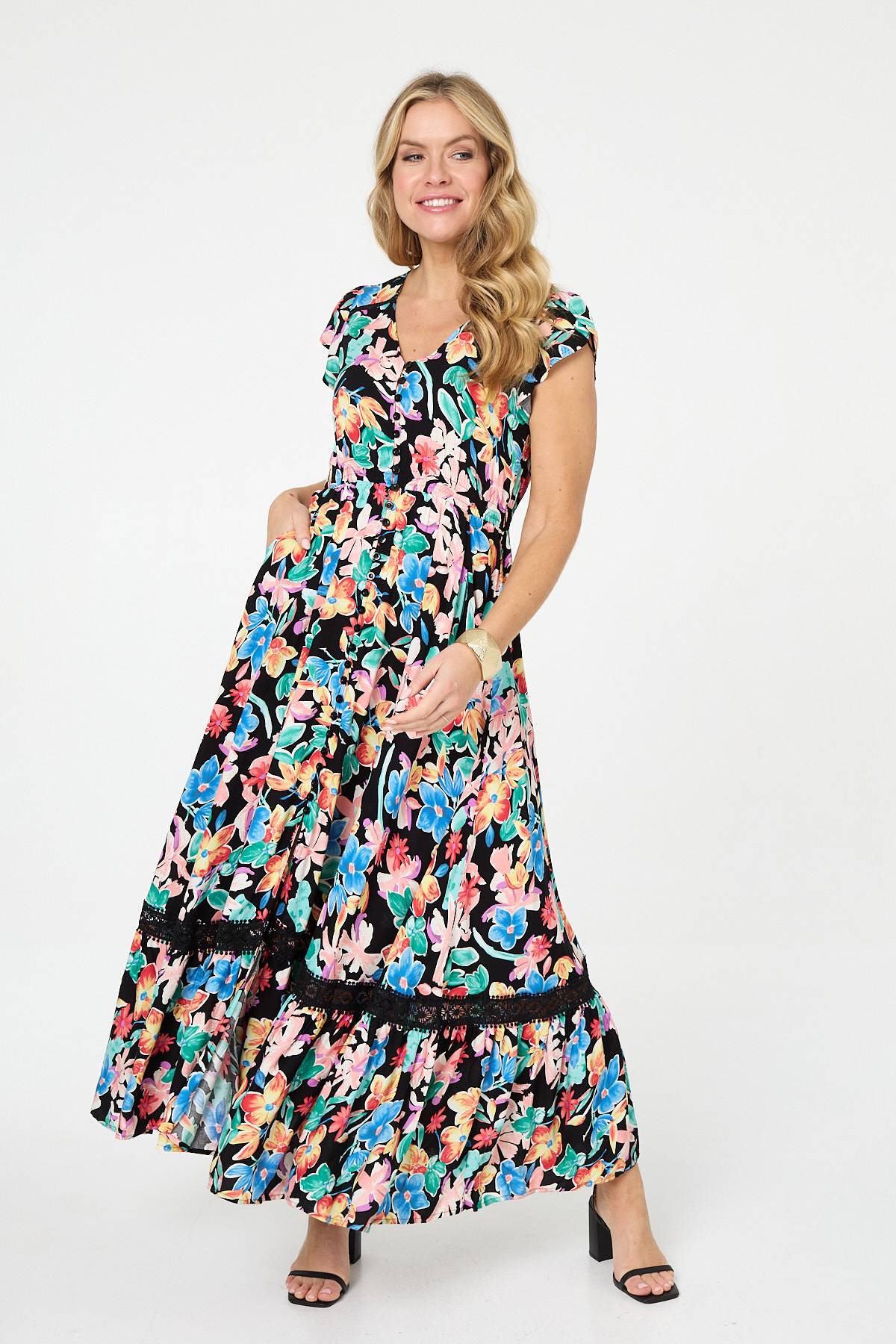 Floral Lace Trim Cap Sleeve Maxi Dress Styled View