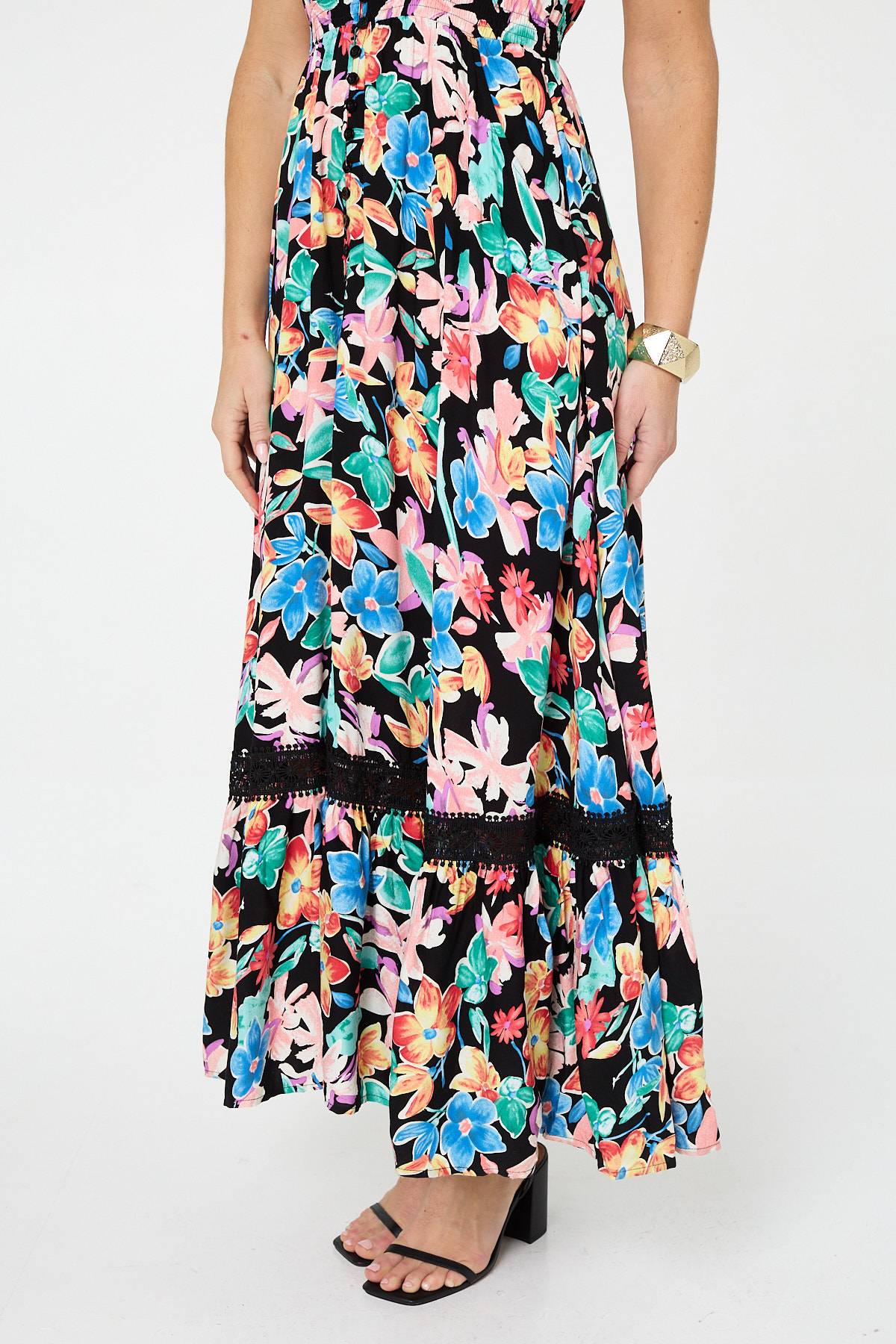 Floral Lace Trim Cap Sleeve Maxi Dress Front View 2