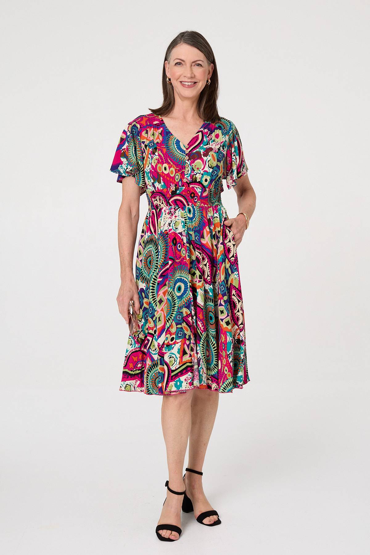 Abstract Print V-Neck Knee Length Dress Back View