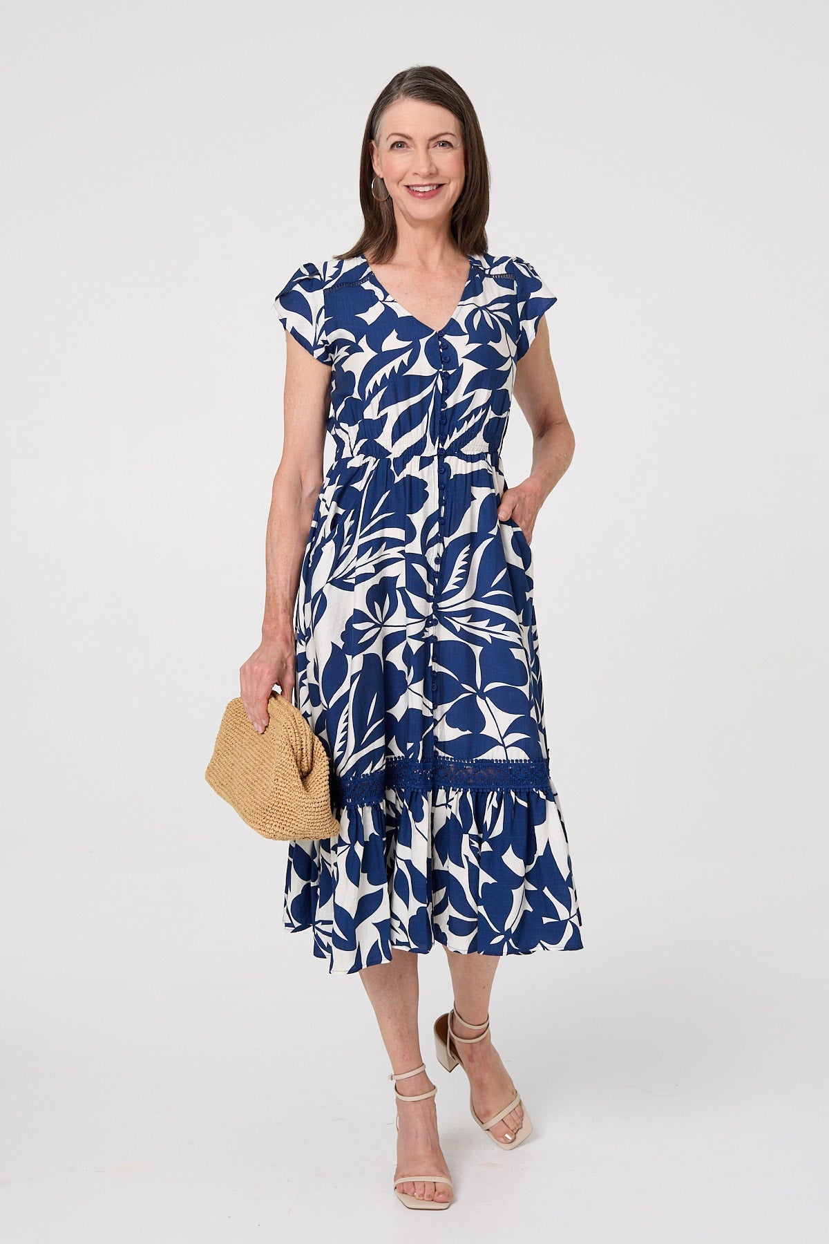 Leaf Print Cap Sleeve Lace Midi Dress Front View
