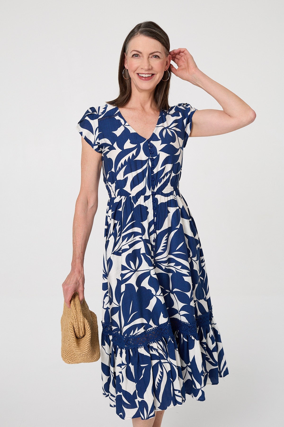 Leaf Print Cap Sleeve Lace Midi Dress Detail View