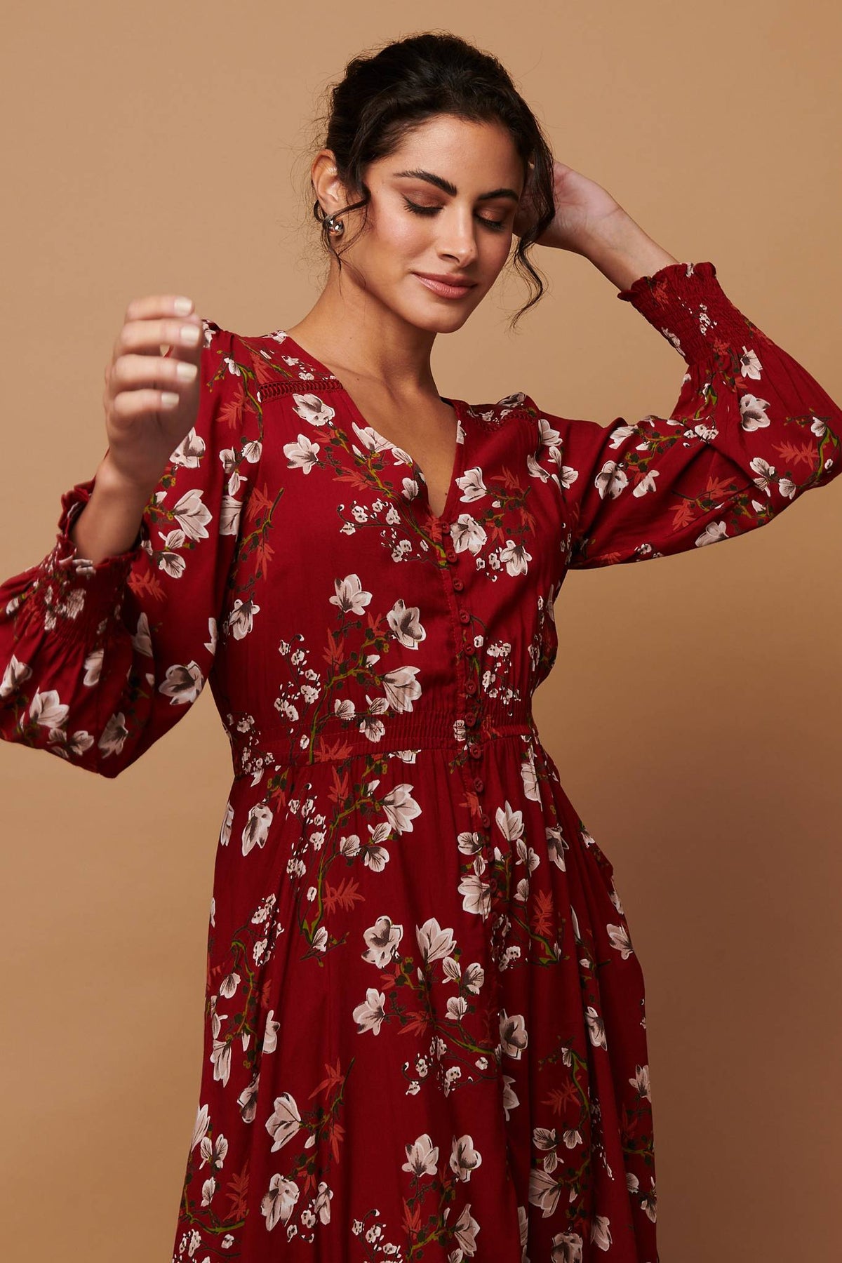 Floral Long Sleeve Lace Trim Maxi Dress Styled View 2