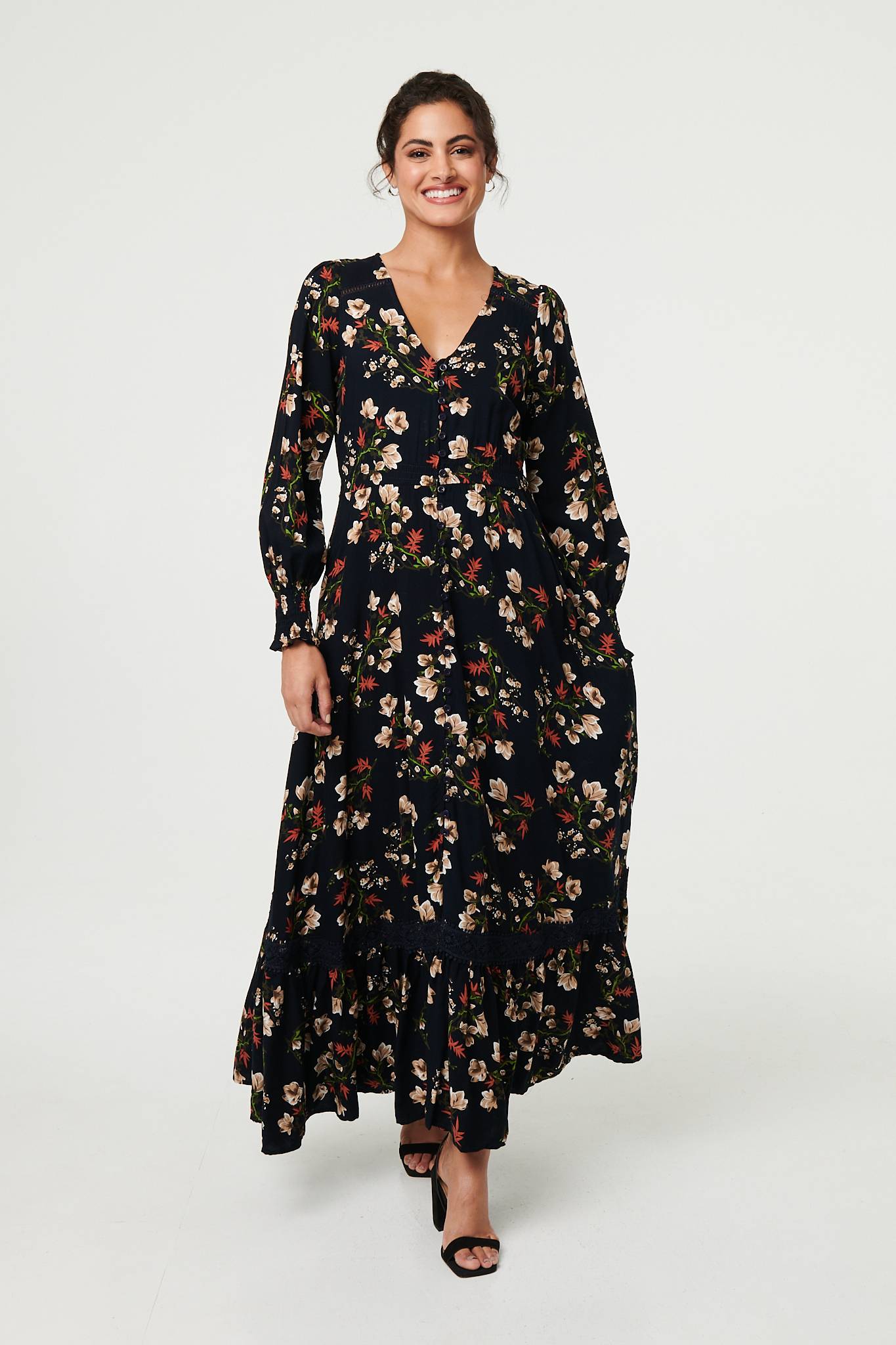 Floral Long Sleeve Lace Trim Maxi Dress Full Length View 2