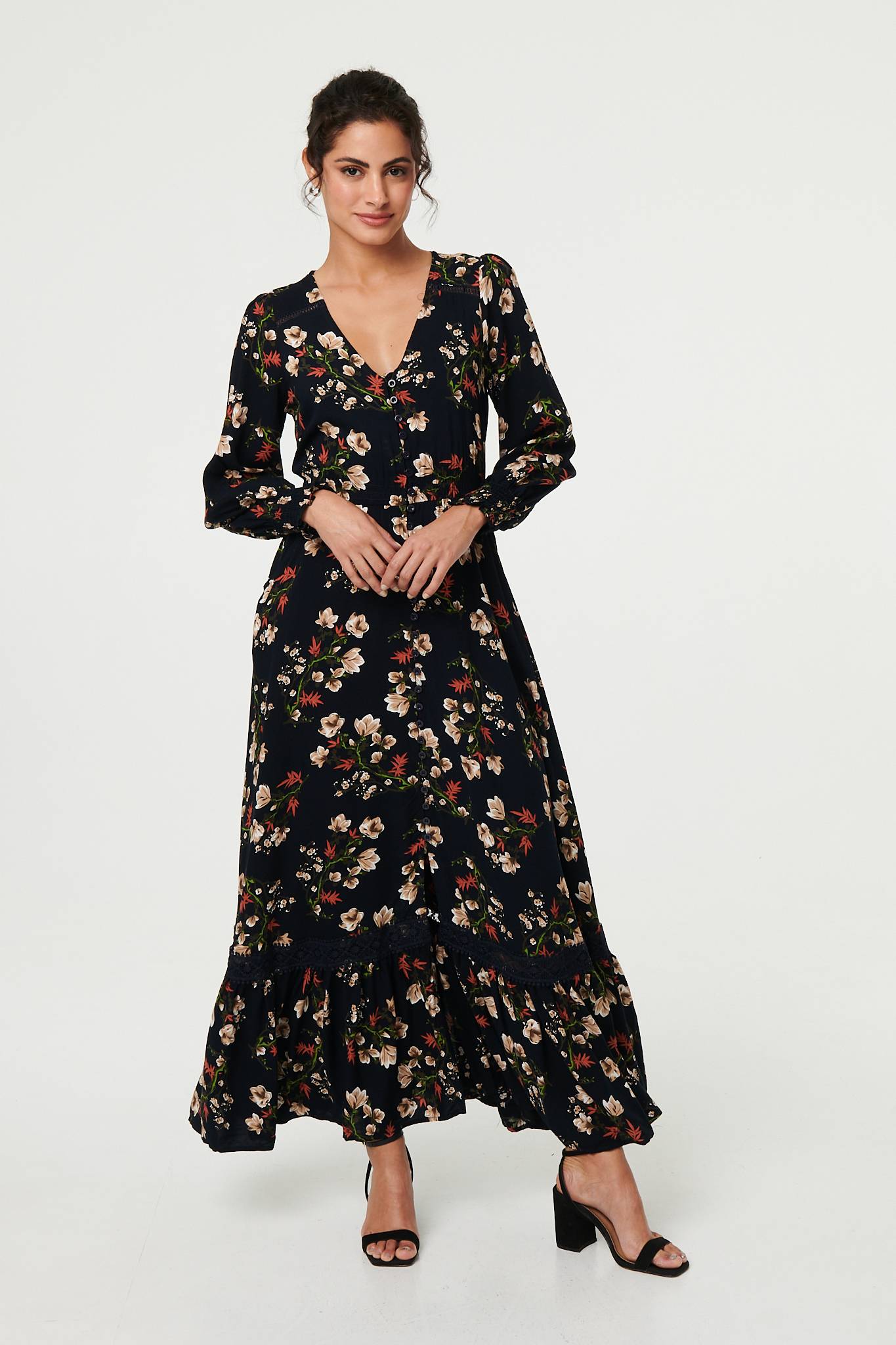 Floral Long Sleeve Lace Trim Maxi Dress Front View 3