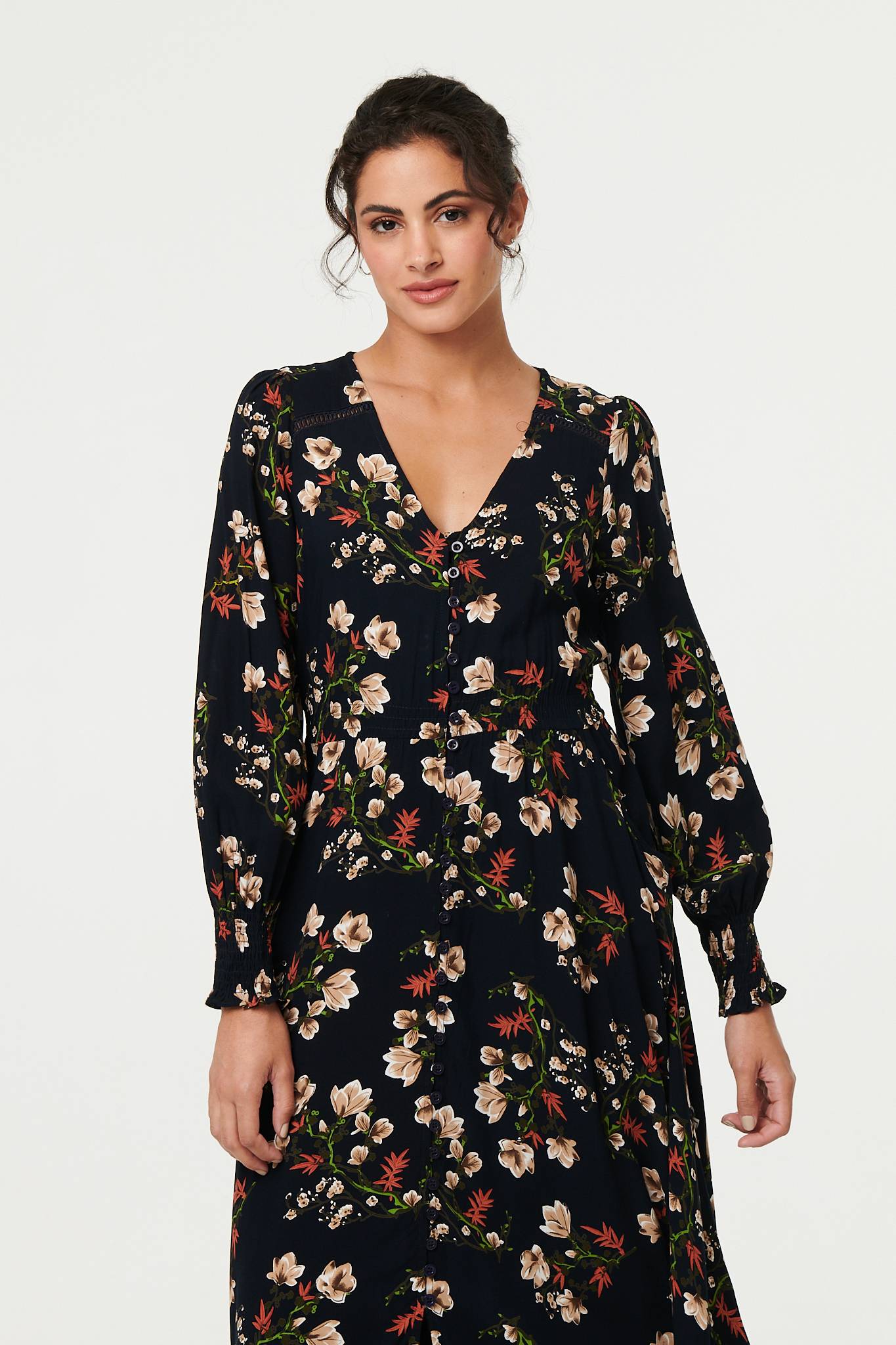 Floral Long Sleeve Lace Trim Maxi Dress Back View 2